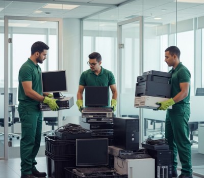 Collection of office electronics, including computers, servers, printers, monitors, and networking equipment, handled with care and responsibility.